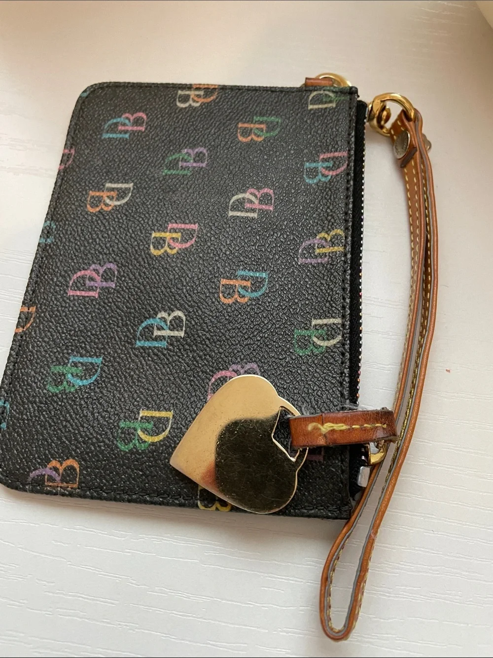 Dooney & Bourke Black Multicolor DB Logo Wristlet with Tan Strap